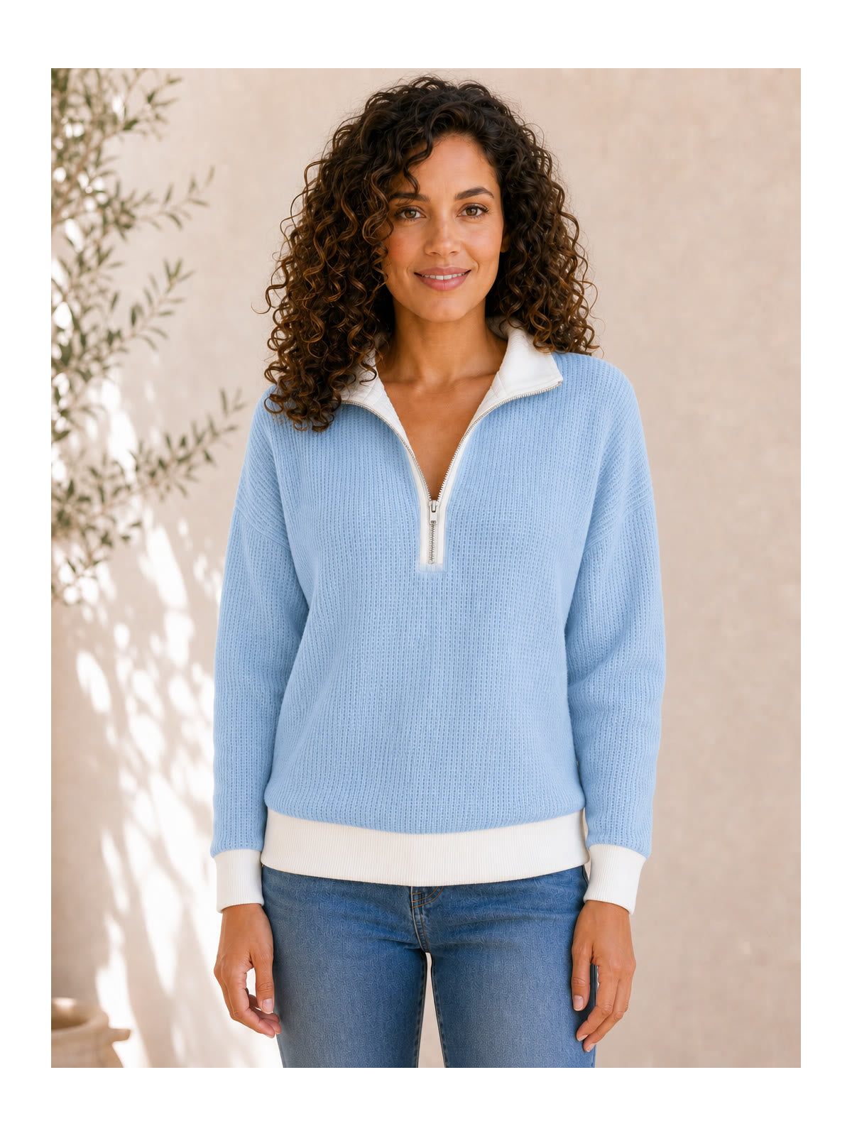 Textured Cotton Waffle Half-Zip Hoodie