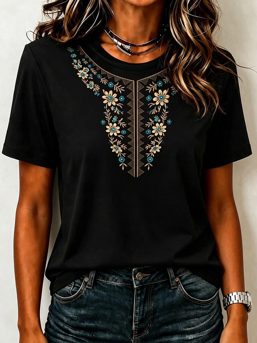 Floral Embroidered 100% Cotton Tee