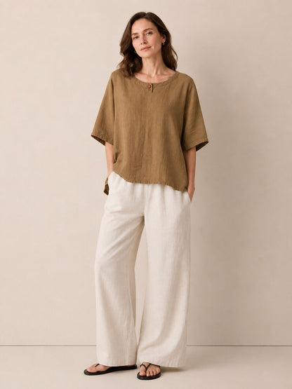 Premium Linen Crew-Neck Button Blouse