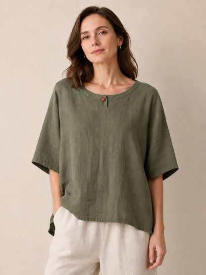 Premium Linen Crew-Neck Button Blouse