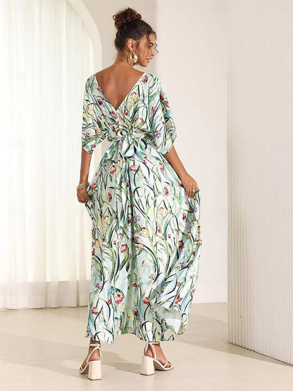 Tropical Floral Satin Maxi Dress