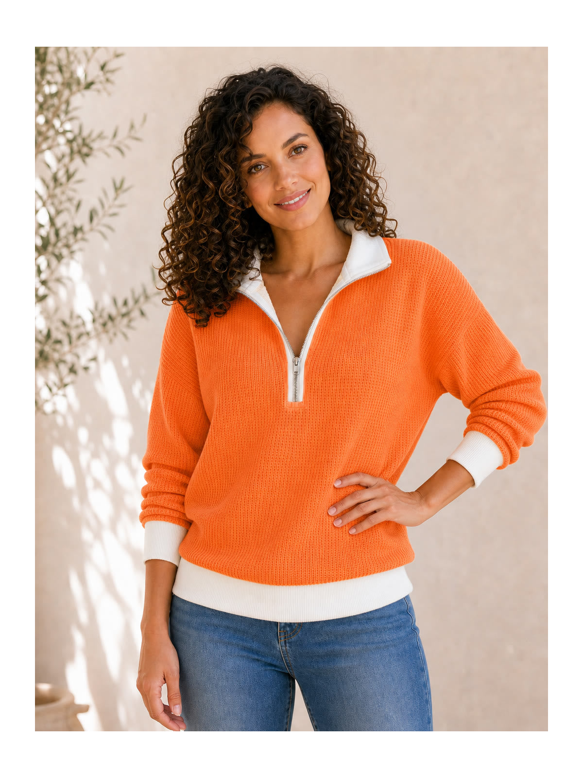 Textured Cotton Waffle Half-Zip Hoodie