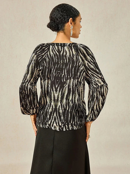 Satin Lantern Sleeve Notched Collar Buttoned Blouse