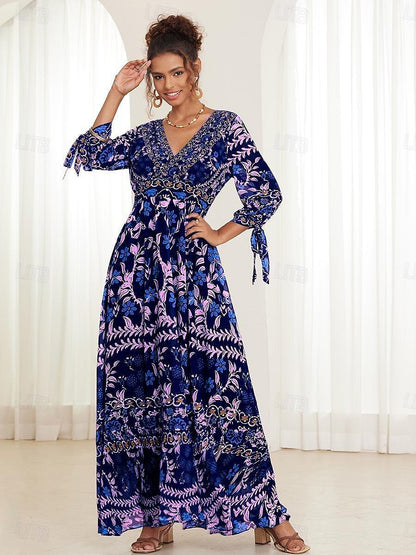 Urlaubs-Maxikleid aus Chiffon mit Rüschen und V-Ausschnitt