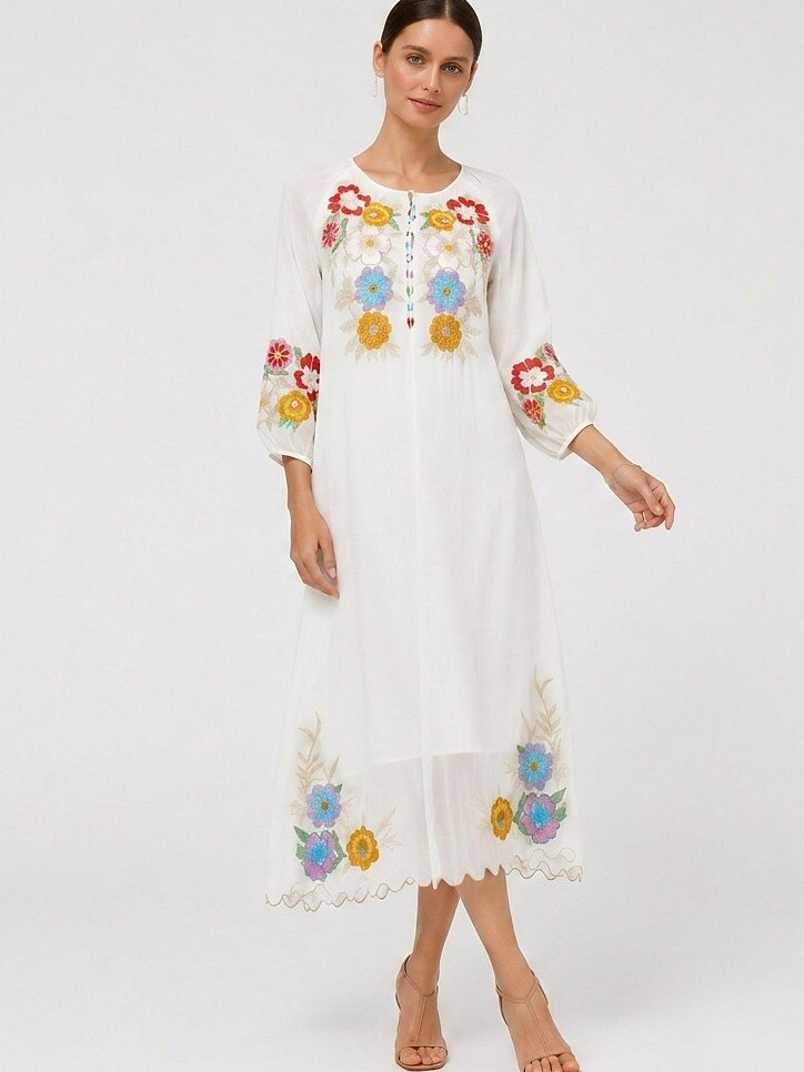 Embroidered 100% Cotton Midi Dress