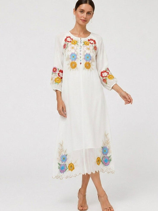 Embroidered 100% Cotton Midi Dress