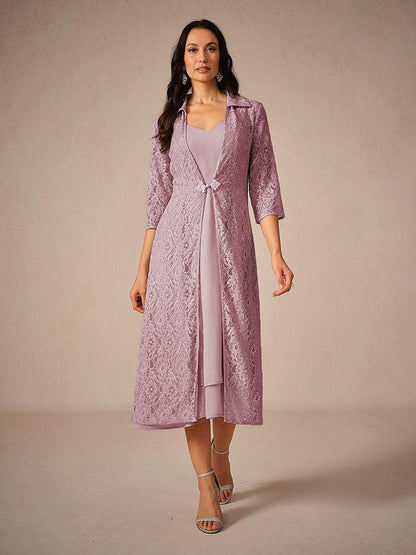 Chiffon Solid Color Lace Dress Set