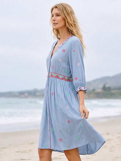 Embroidered 100% Cotton Mini Dress