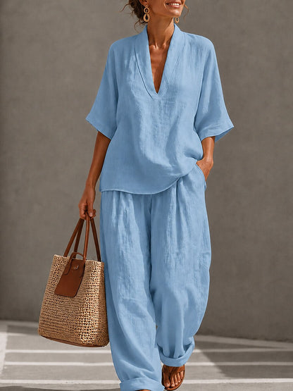 Cotton Linen Sets Half Sleeve V Neck