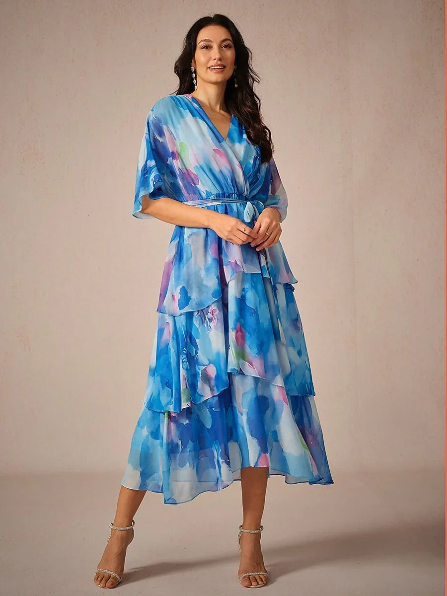 Chiffon Layered Ruffle V Neck Tye Dye Dress