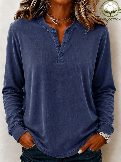 Washed 100%Cotton Waffle Henley Tops