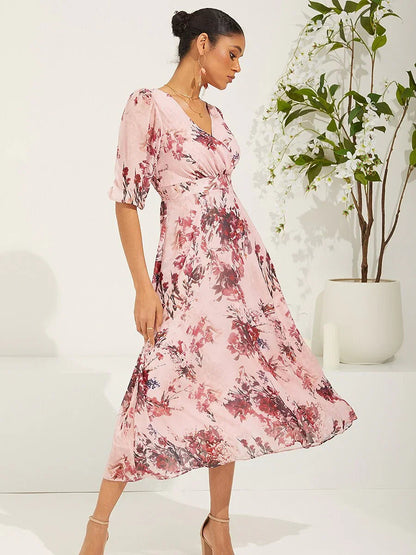 Puff Sleeve Floral Chiffon Dress