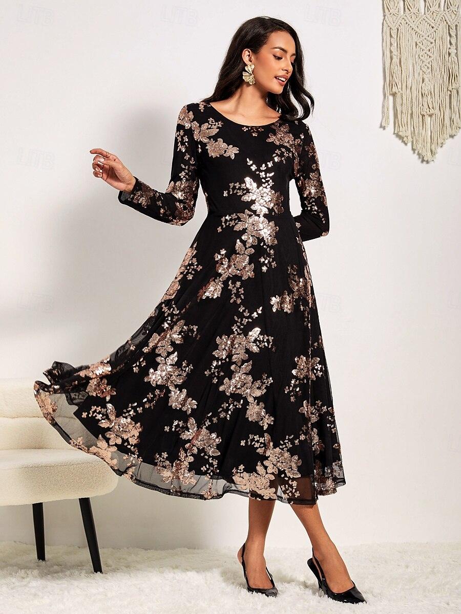 Schwarzes Maxikleid mit Rundhalsausschnitt und Spitze