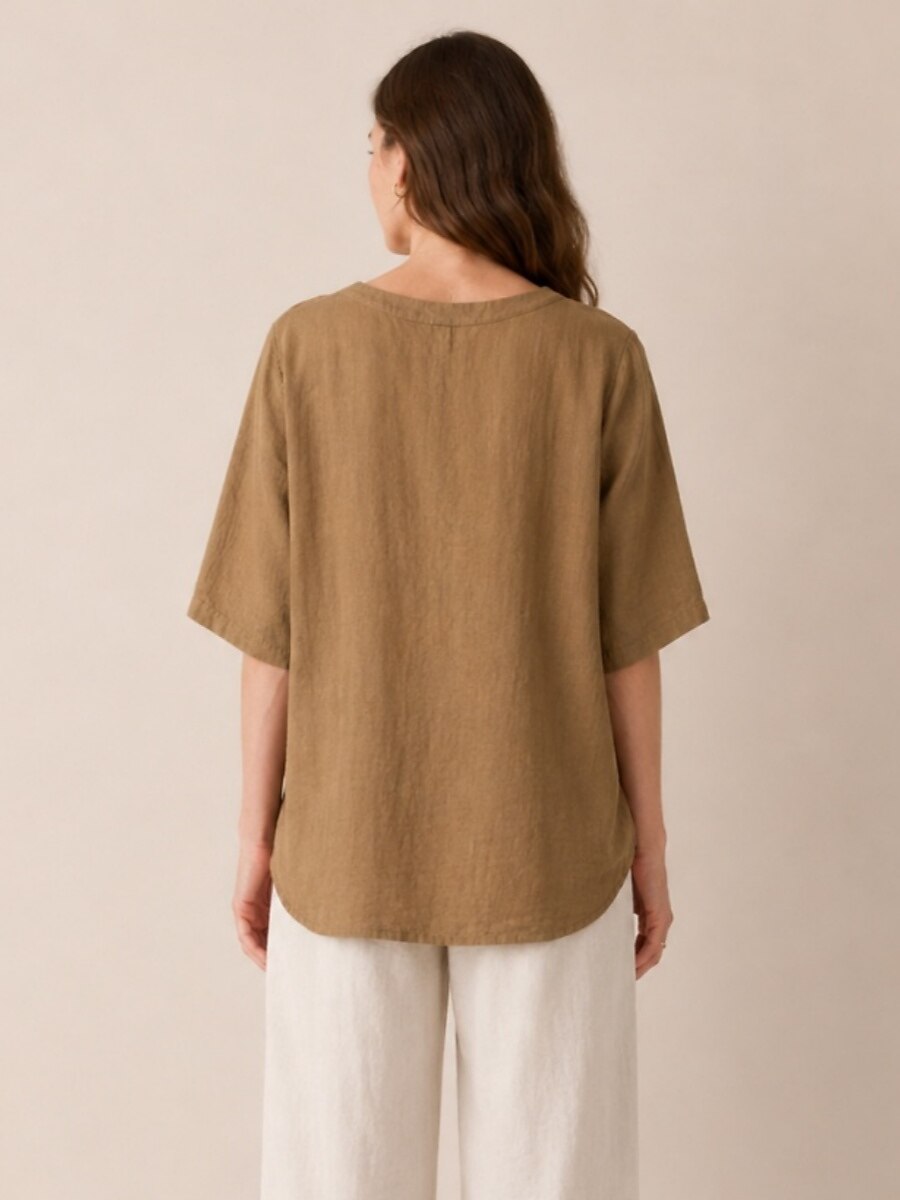 Premium Linen Crew-Neck Button Blouse
