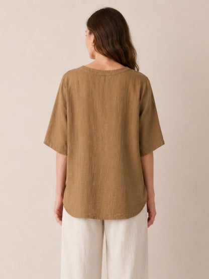 Premium Linen Crew-Neck Button Blouse