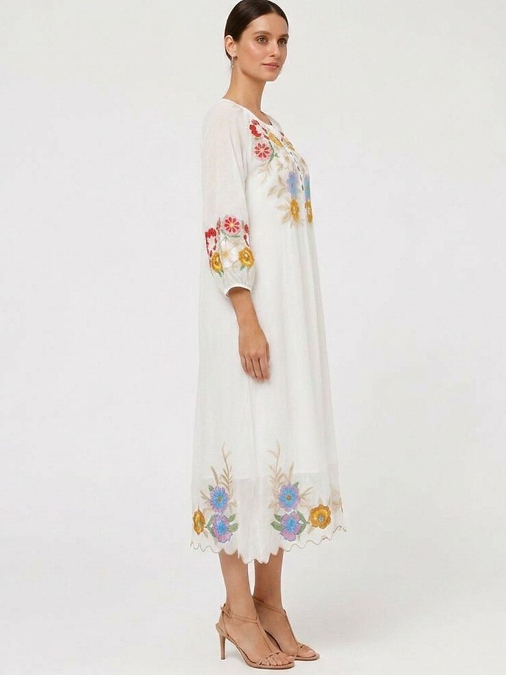 Embroidered 100% Cotton Midi Dress