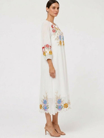 Embroidered 100% Cotton Midi Dress