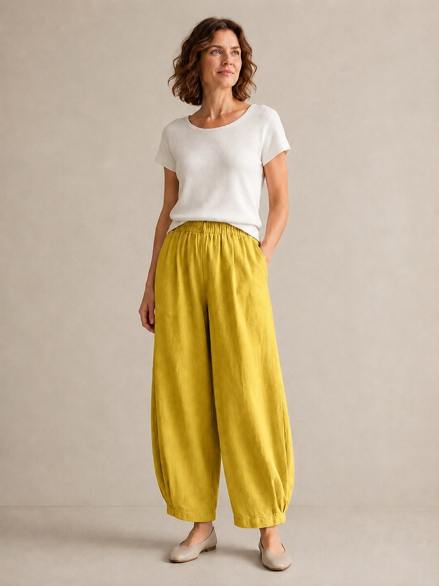 Women's Linen Elastic-Waist Casual Slacks