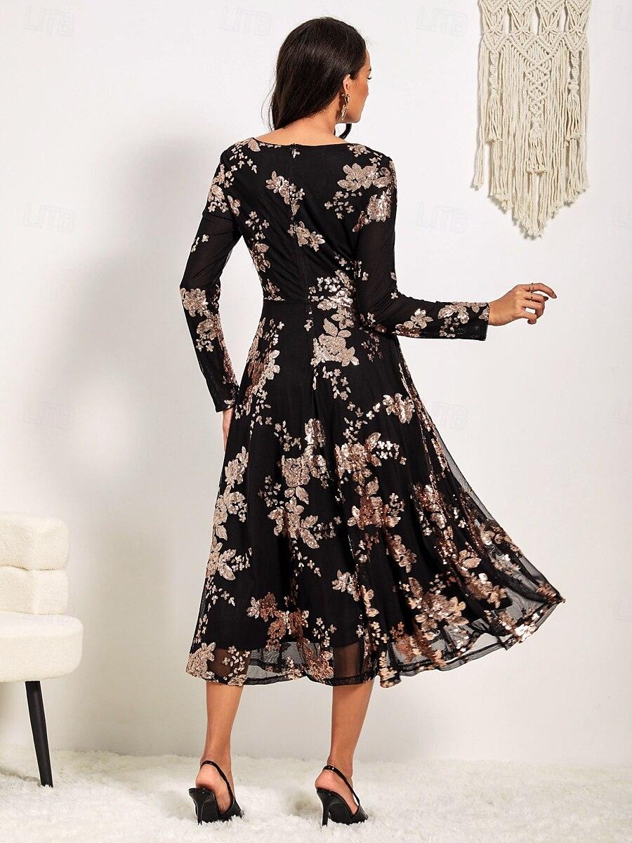 Schwarzes Maxikleid mit Rundhalsausschnitt und Spitze