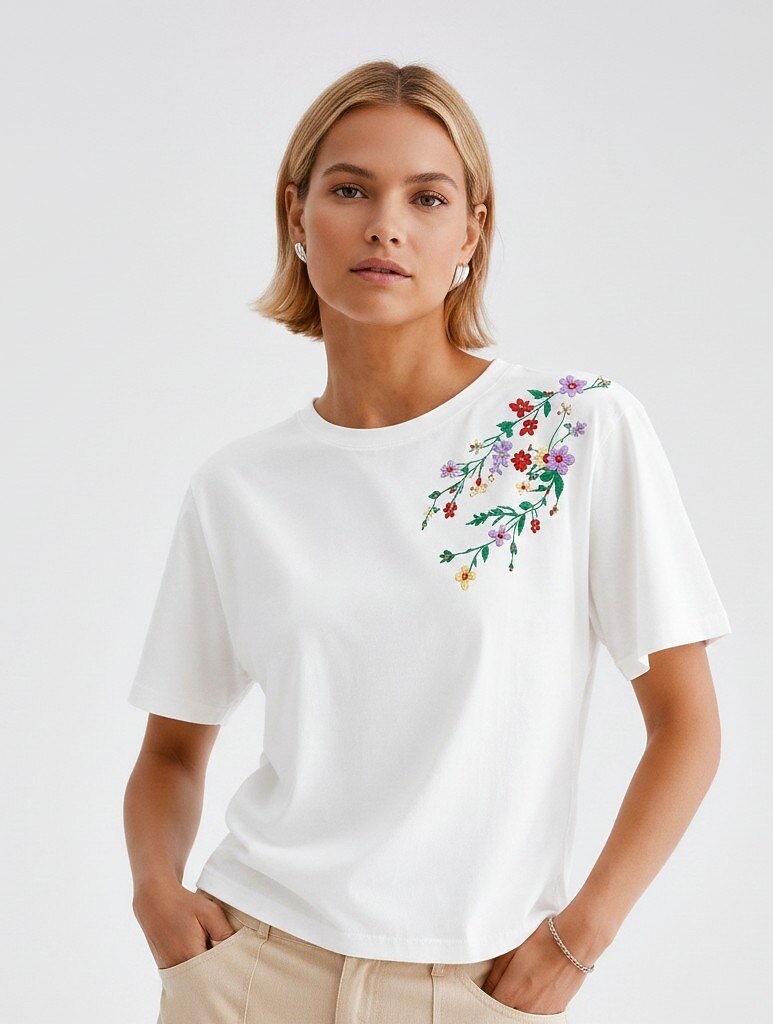 Embroidered 100% Cotton Floral Tee