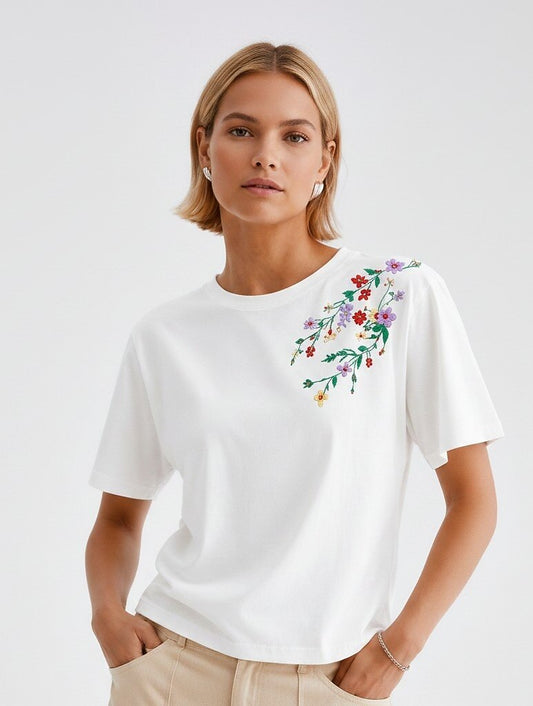 Embroidered 100% Cotton Floral Tee