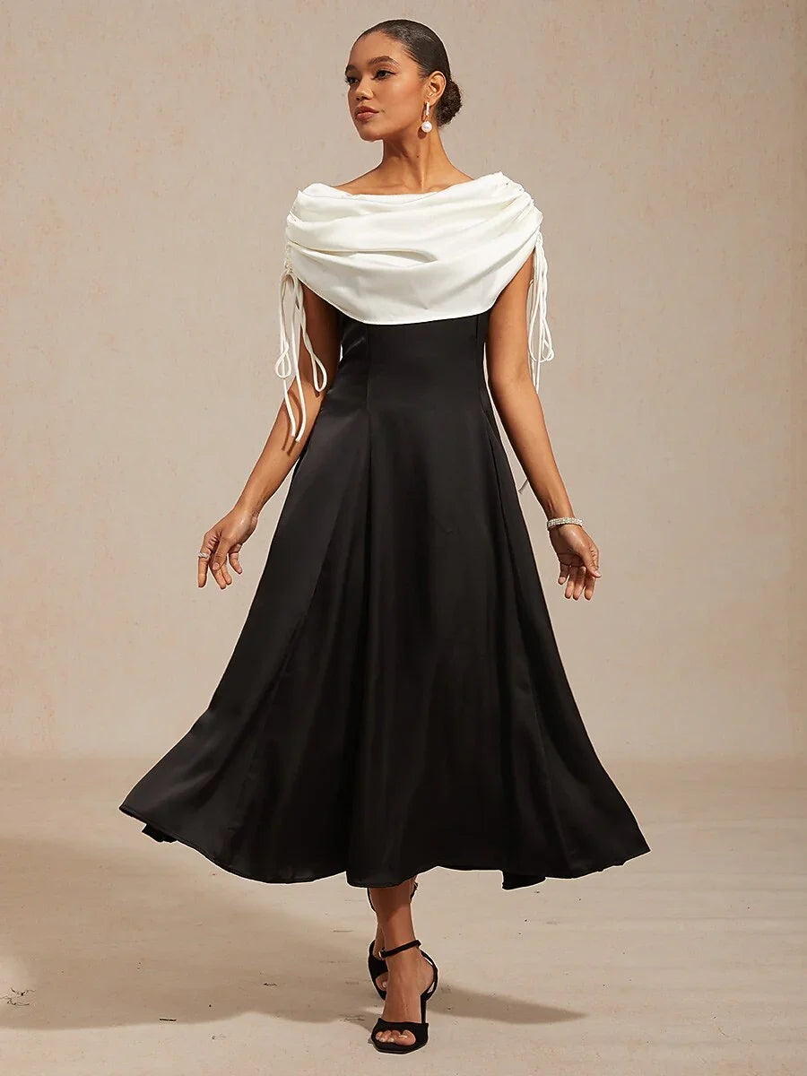 Satin Black and White Dress with Shoulder Tie Design