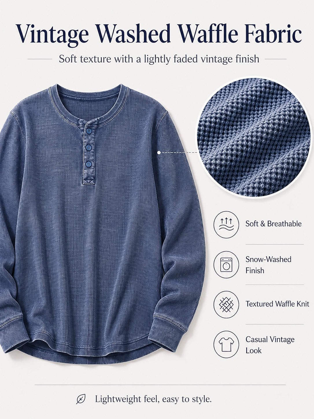 Washed 100%Cotton Waffle Henley Tops