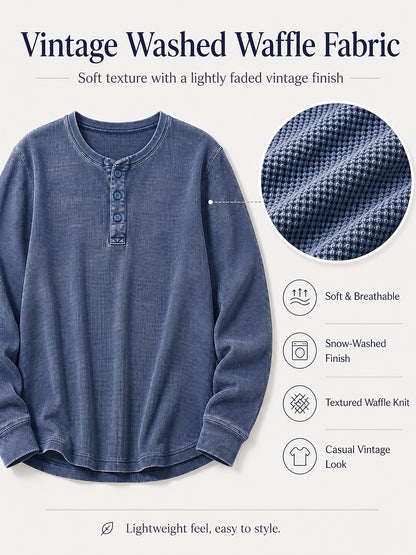 Washed 100%Cotton Waffle Henley Tops