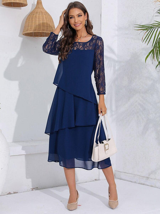 Layered Lace Sleeve Chiffon Dress
