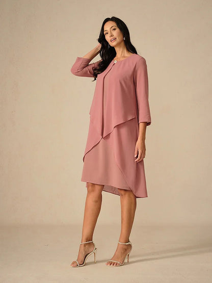 3/4 Sleeve Knee-Length Chiffon Dress with Rhinestone