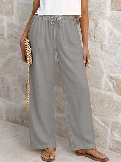 Cotton Linen Drawstring Straight-Leg Pants