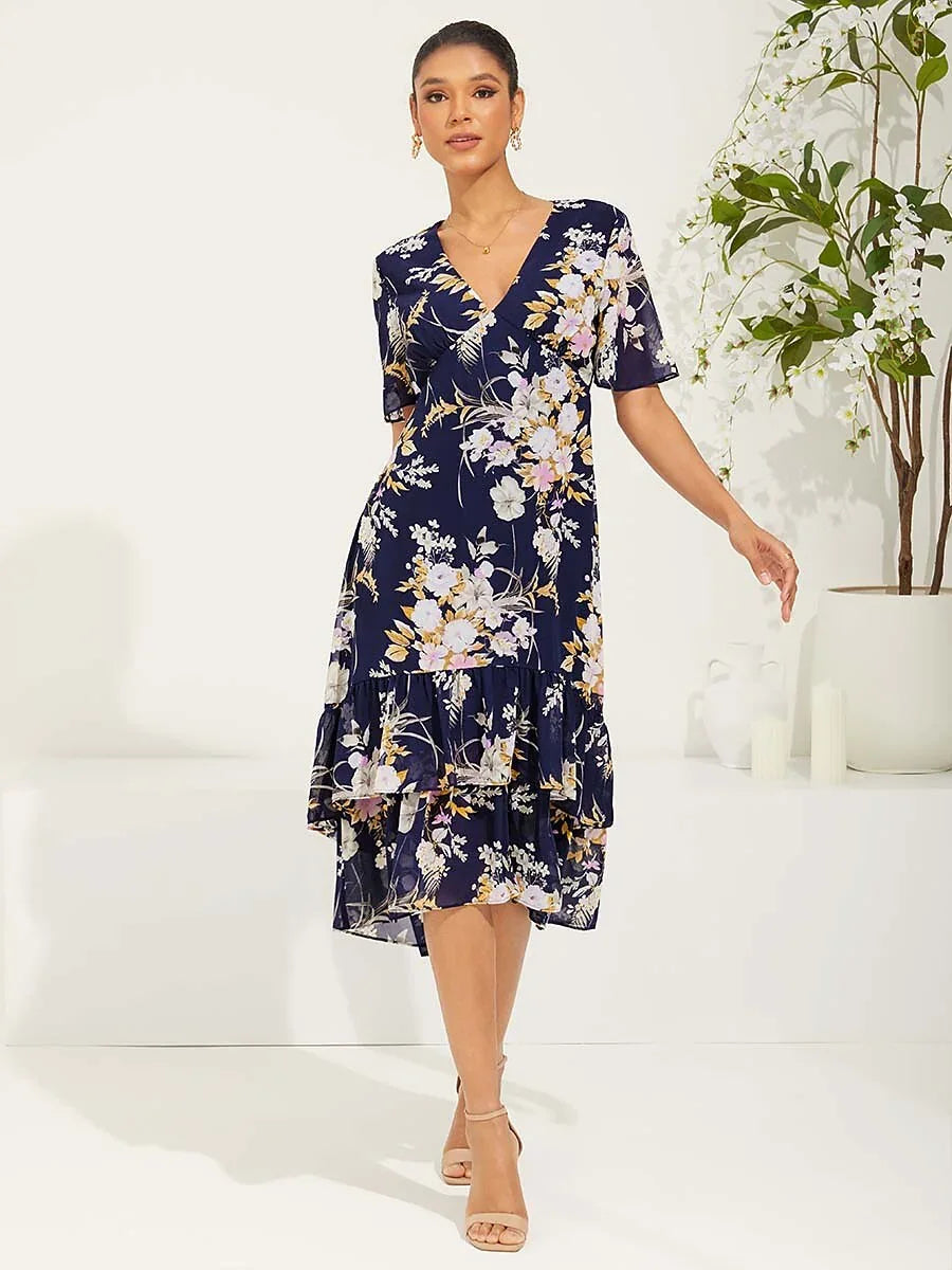 Puff Sleeve Floral Chiffon Dress
