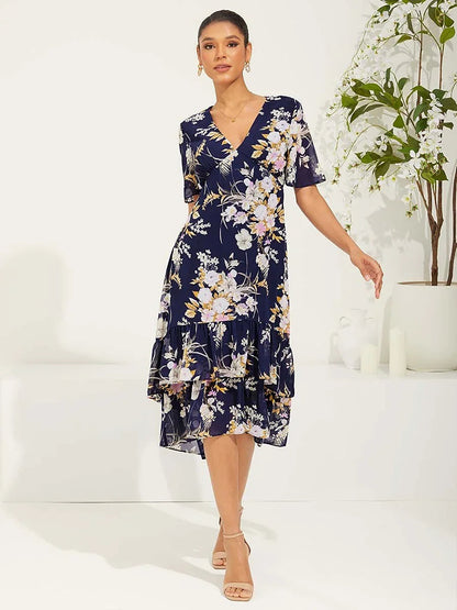 Puff Sleeve Floral Chiffon Dress