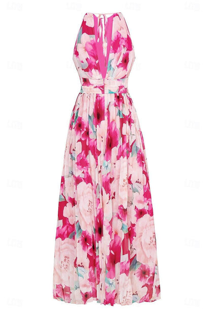 Plissiertes Maxikleid aus Chiffon mit Blumenmuster