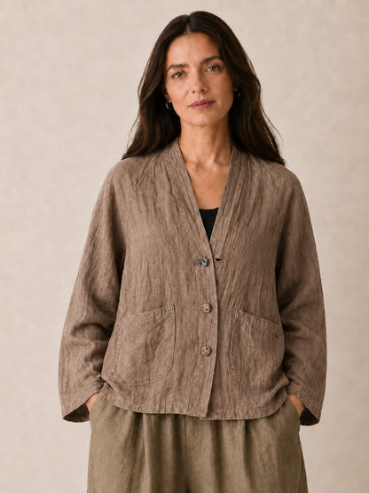 Premium Linen Pocket V-Neck Blouse
