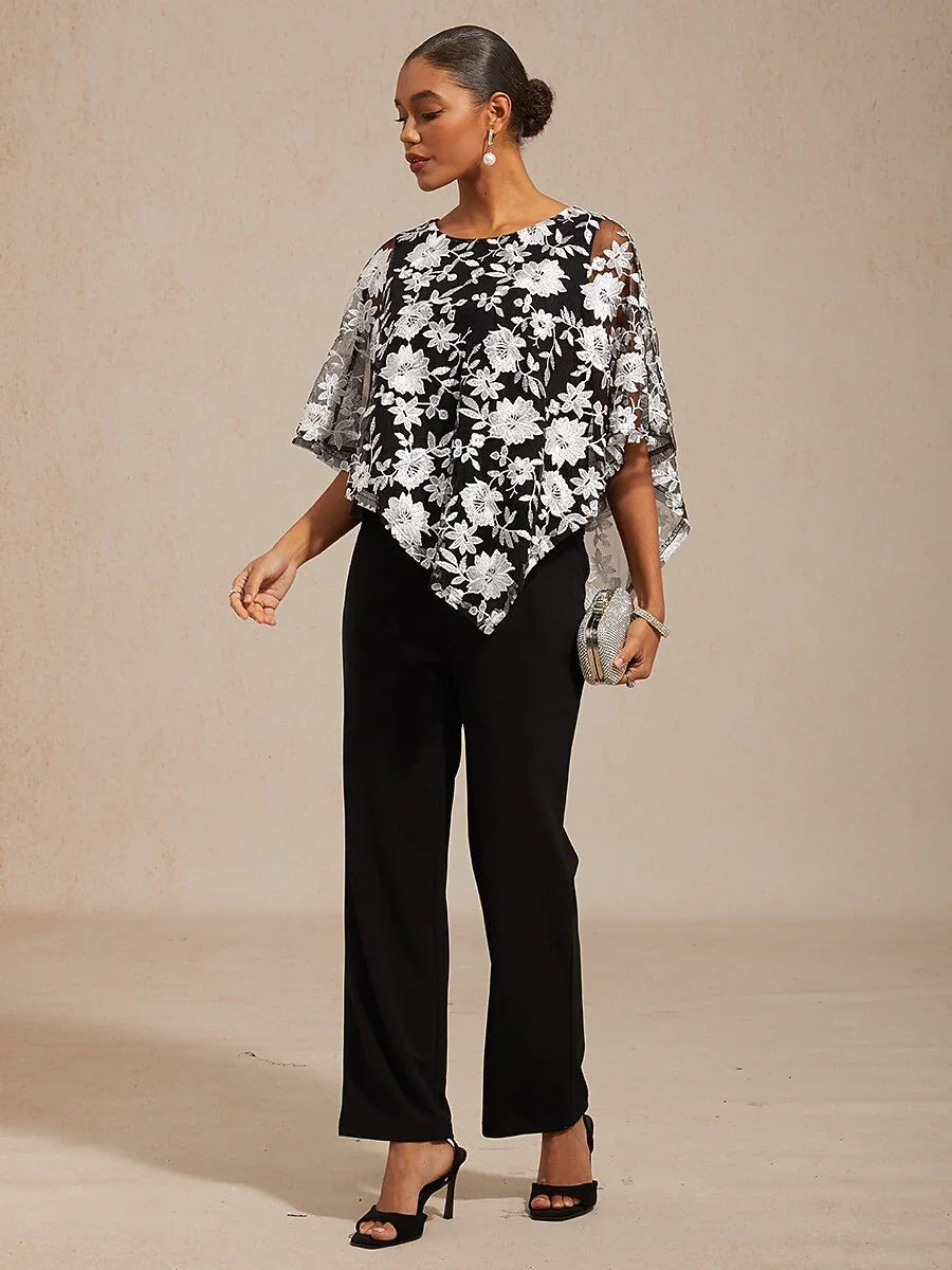 Besticktes Netzspitzentop mit Fledermausärmeln