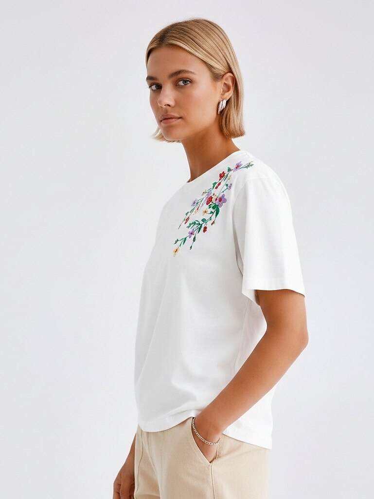 Embroidered 100% Cotton Floral Tee