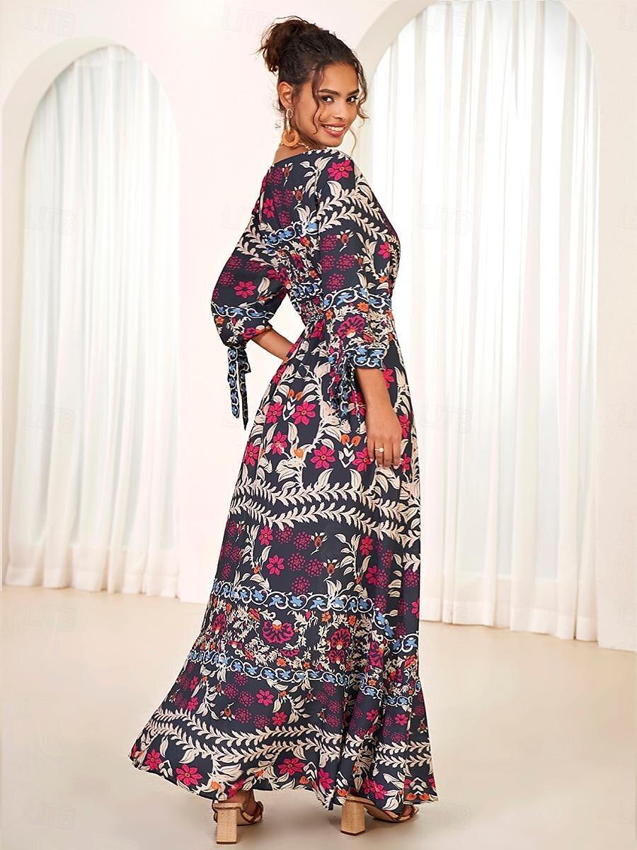 Urlaubs-Maxikleid aus Chiffon mit Rüschen und V-Ausschnitt