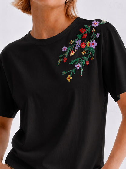 Embroidered 100% Cotton Floral Tee