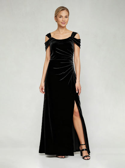 Cold Shoulder Stretch Velvet Dress with Front Slit