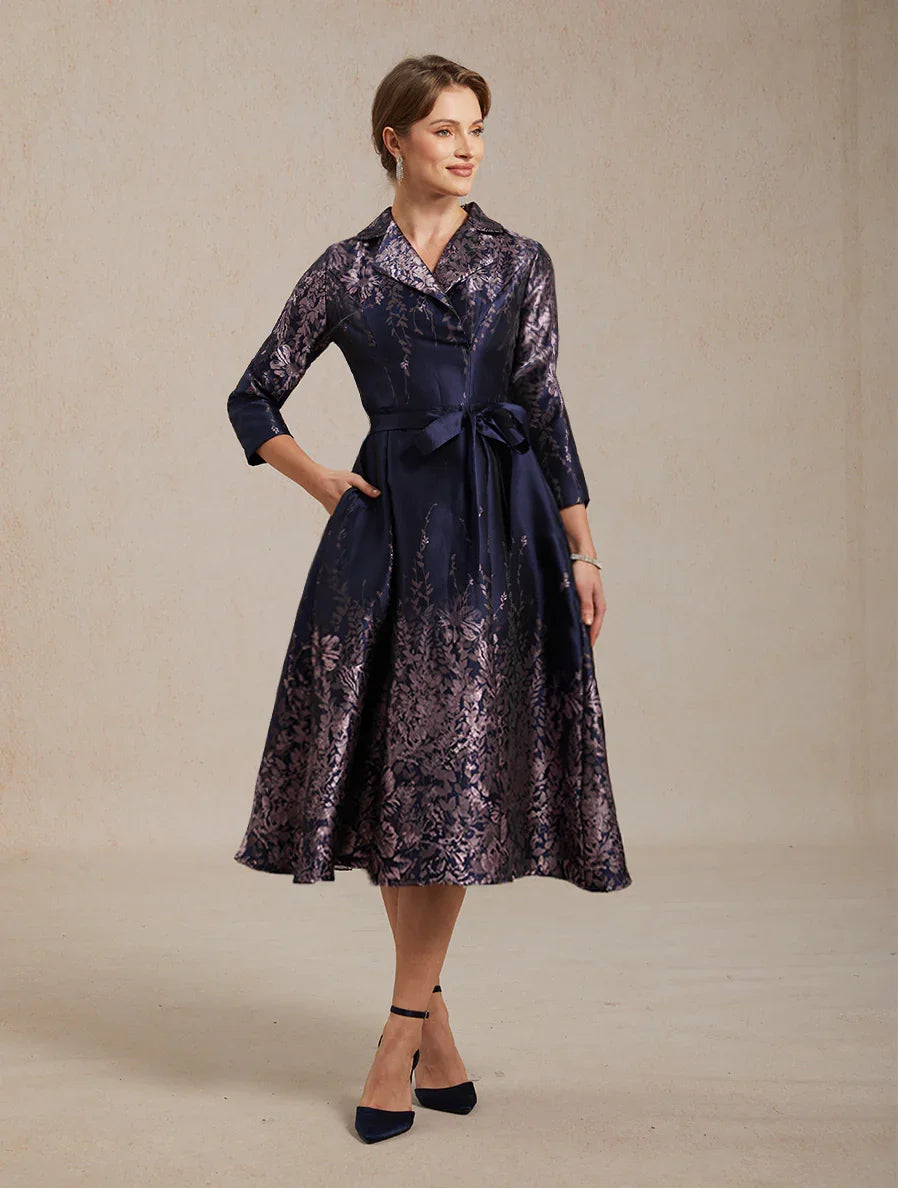 Floral Jacquard Shirt Dress with Belt and Side Pockets