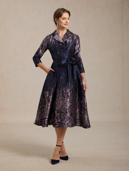 Floral Jacquard Shirt Dress with Belt and Side Pockets