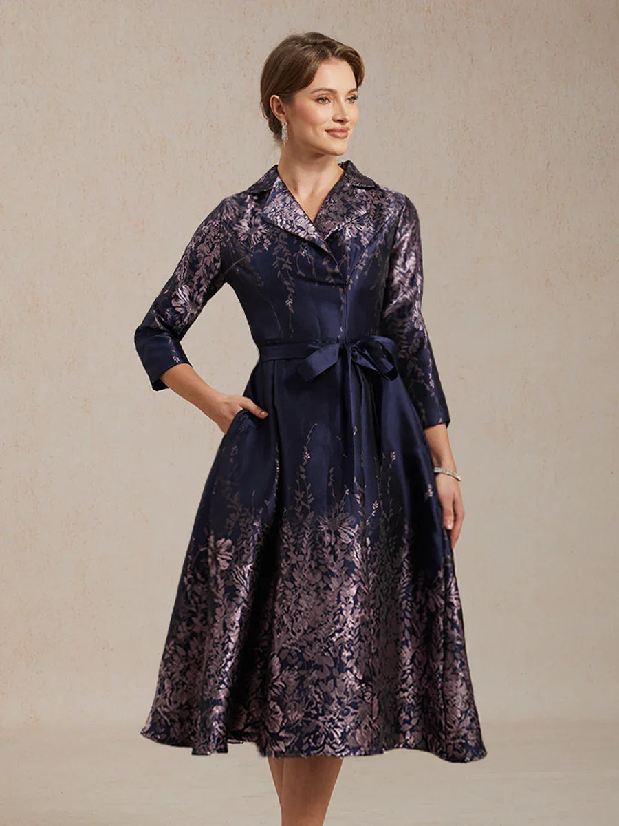 Floral Jacquard Shirt Dress with Belt and Side Pockets