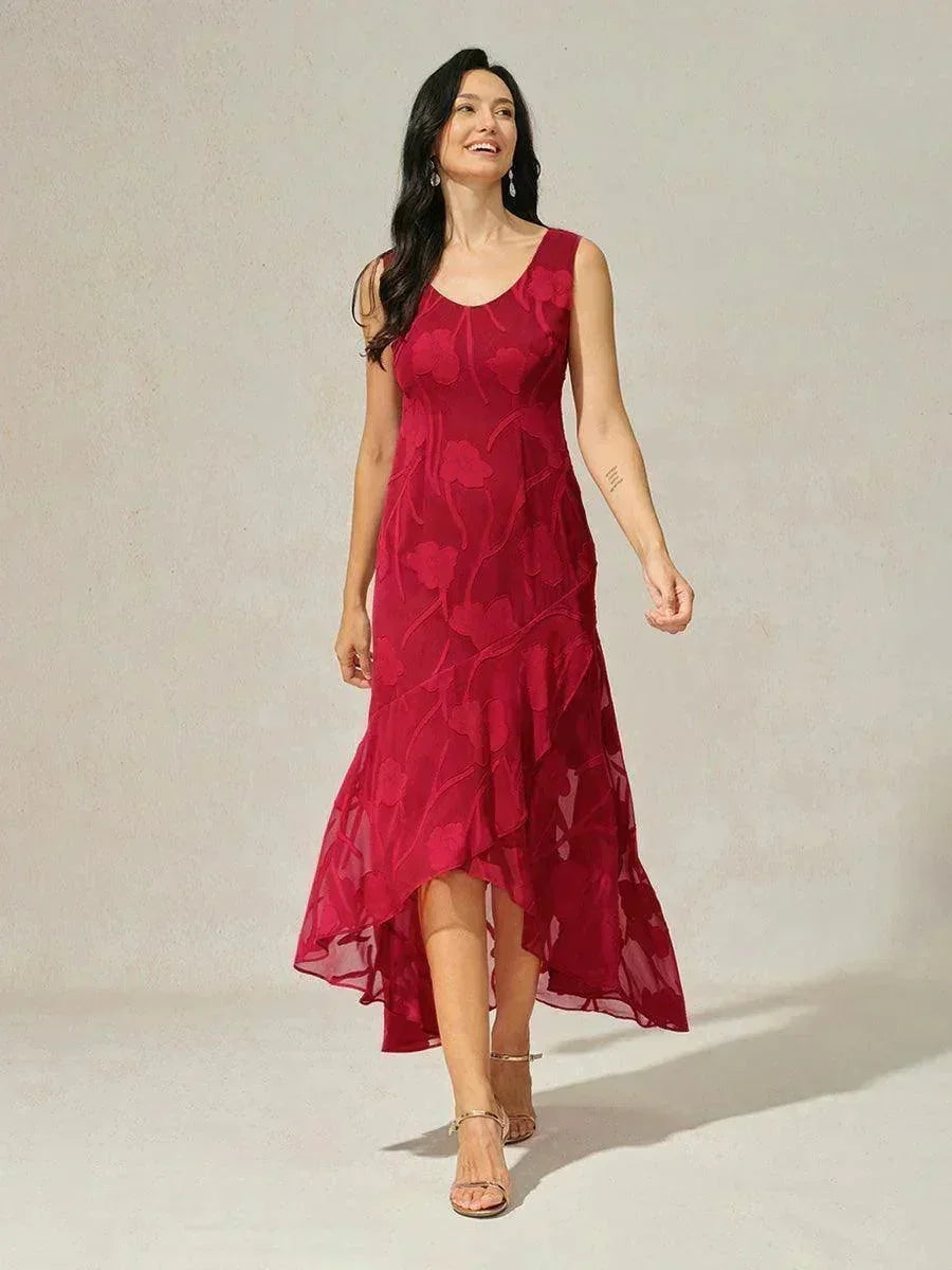 海軍藍花卉雪紡不對稱下擺晚禮服