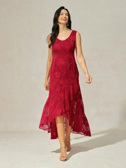 海軍藍花卉雪紡不對稱下擺晚禮服