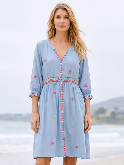 Embroidered 100% Cotton Mini Dress