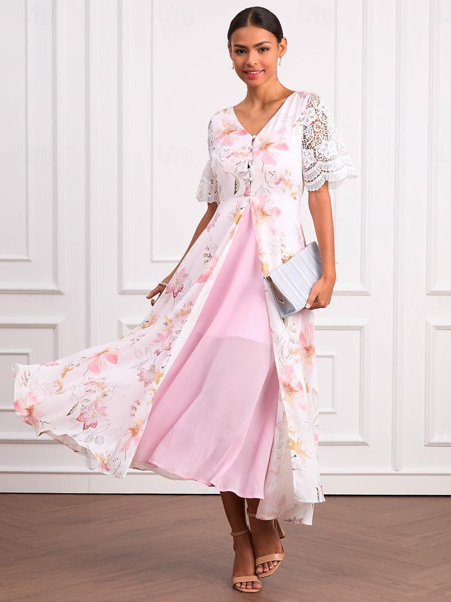 Pink Floral Print V Neck Scallop Trim Button Front Short Sleeve Long Dress