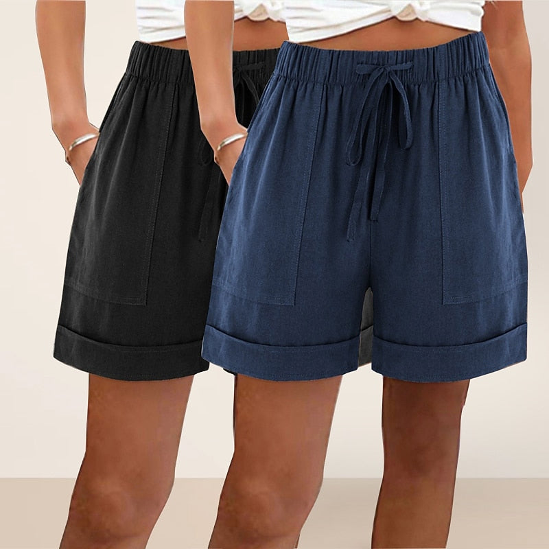 Women's 2pcs Cotton Linen Beach Shorts