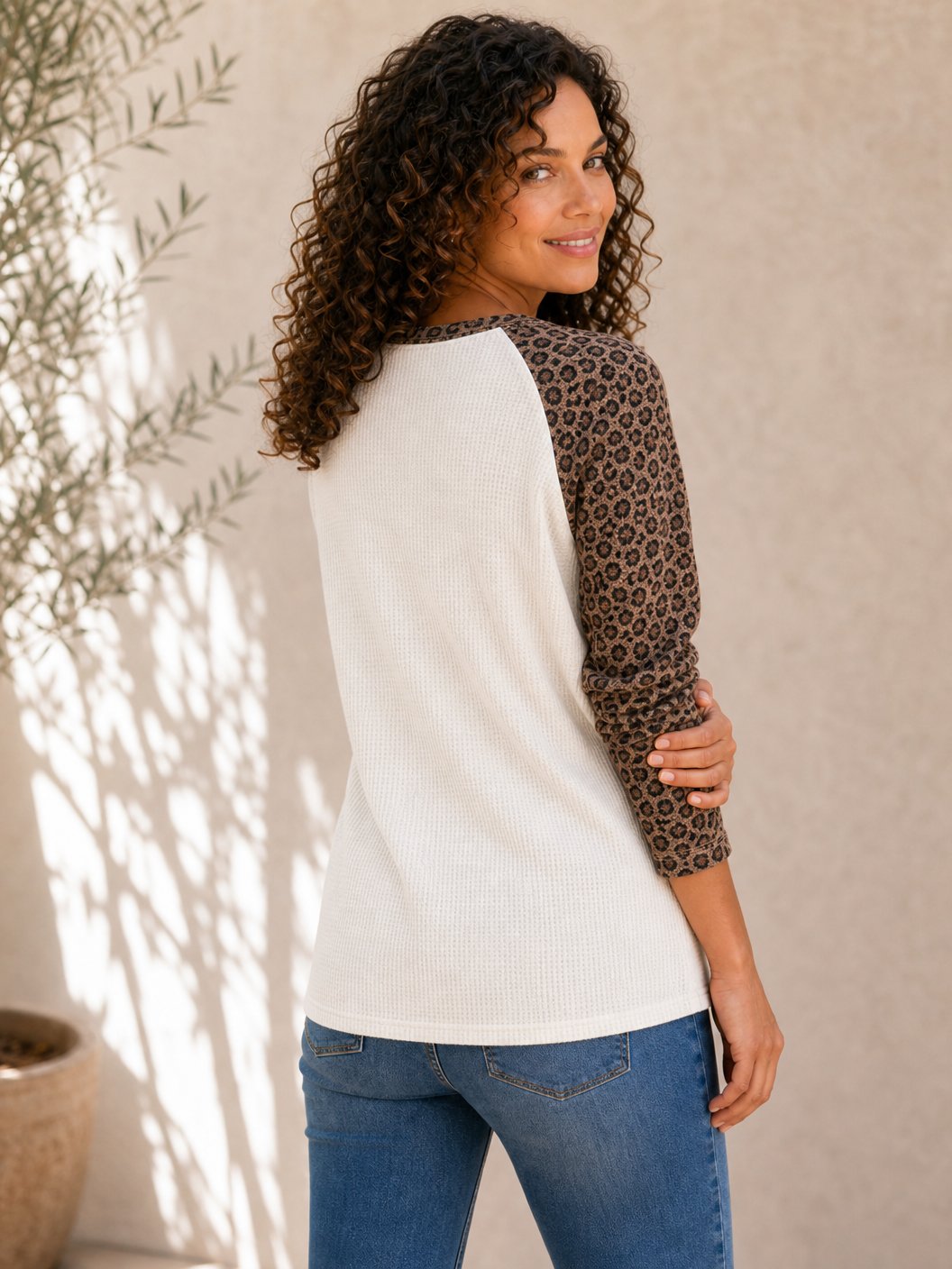 Cotton Waffle Knit Patchwork Blouse