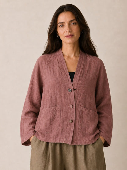 Premium Linen Pocket V-Neck Blouse